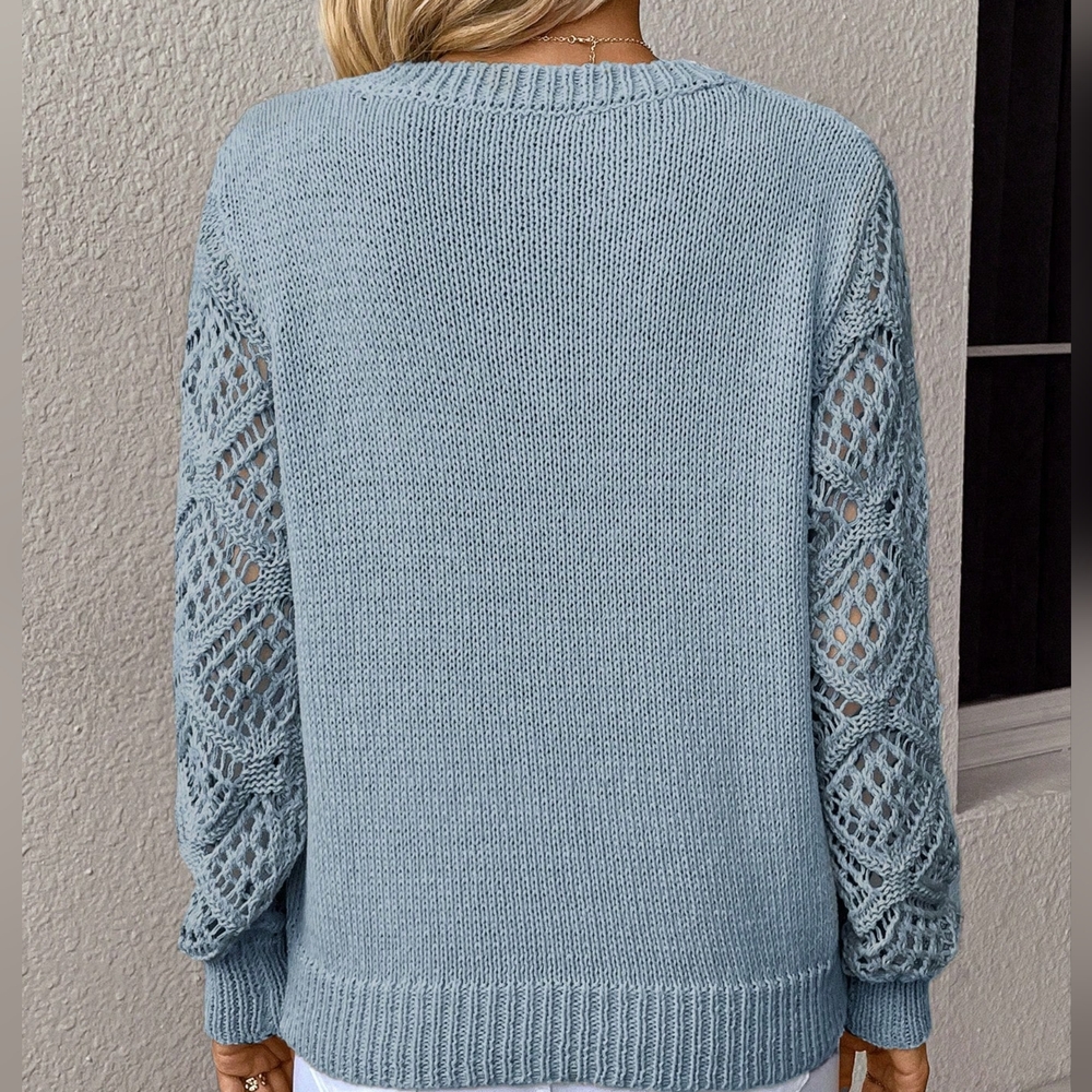 Solid Pointelle Knit V Neck Sweater - Picture 6 of 6